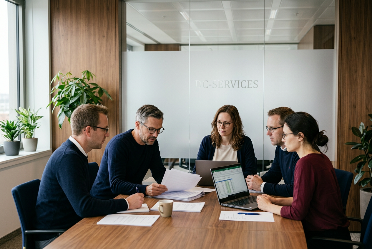 Team working around a meeting table with reports and laptops in a glass conference room