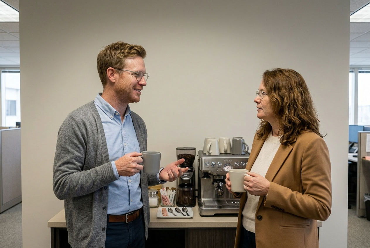Coffee break — informal handover between desks